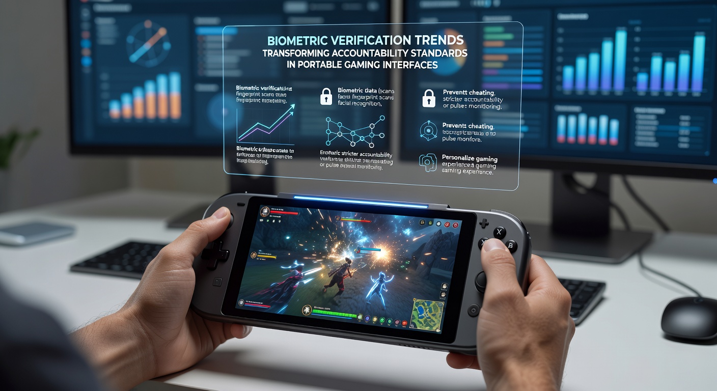 Portable gaming device with biometric scanner interface displaying secure login options