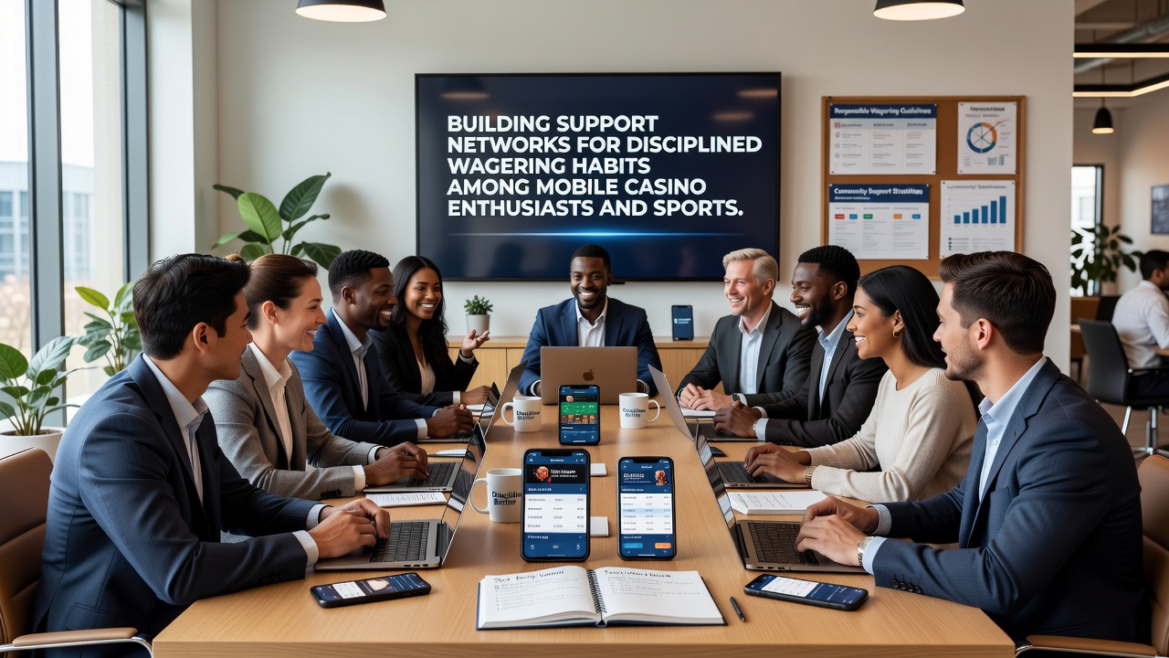 Sports bettors reviewing shared data visualizations on disciplined wagering within a support network session