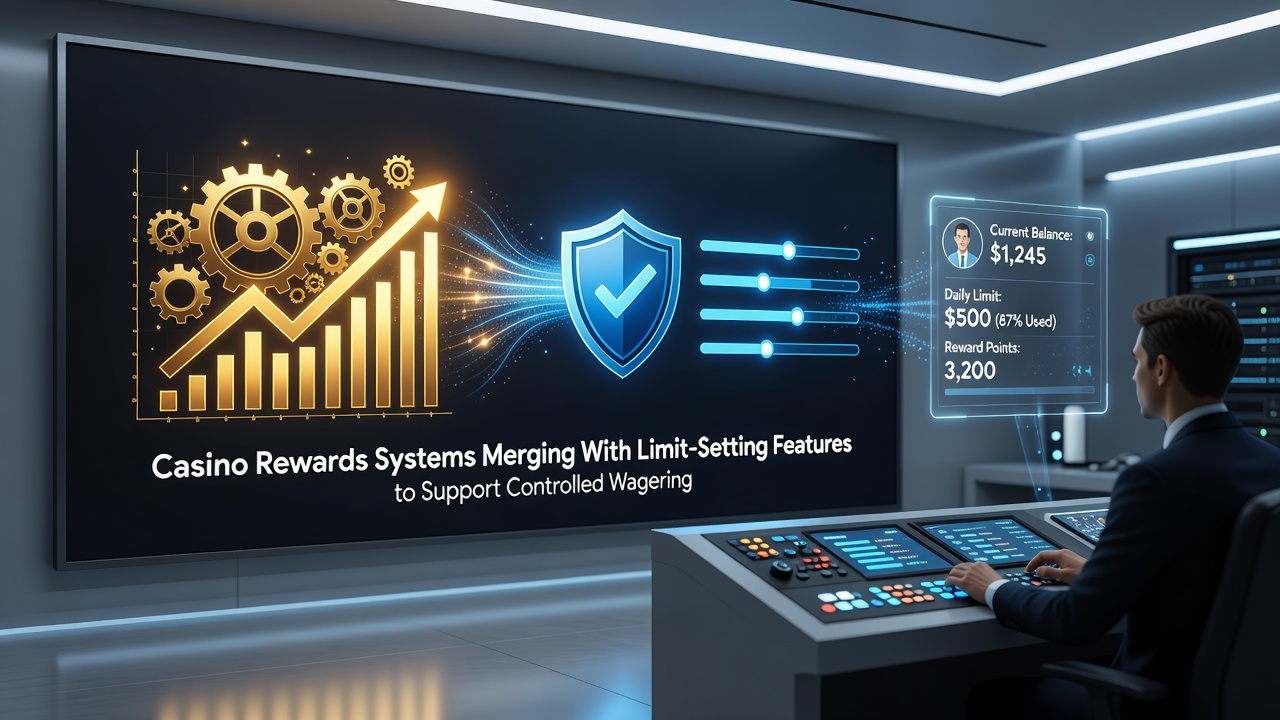 Casino interface showing merged rewards dashboard and limit-setting tools for player accounts