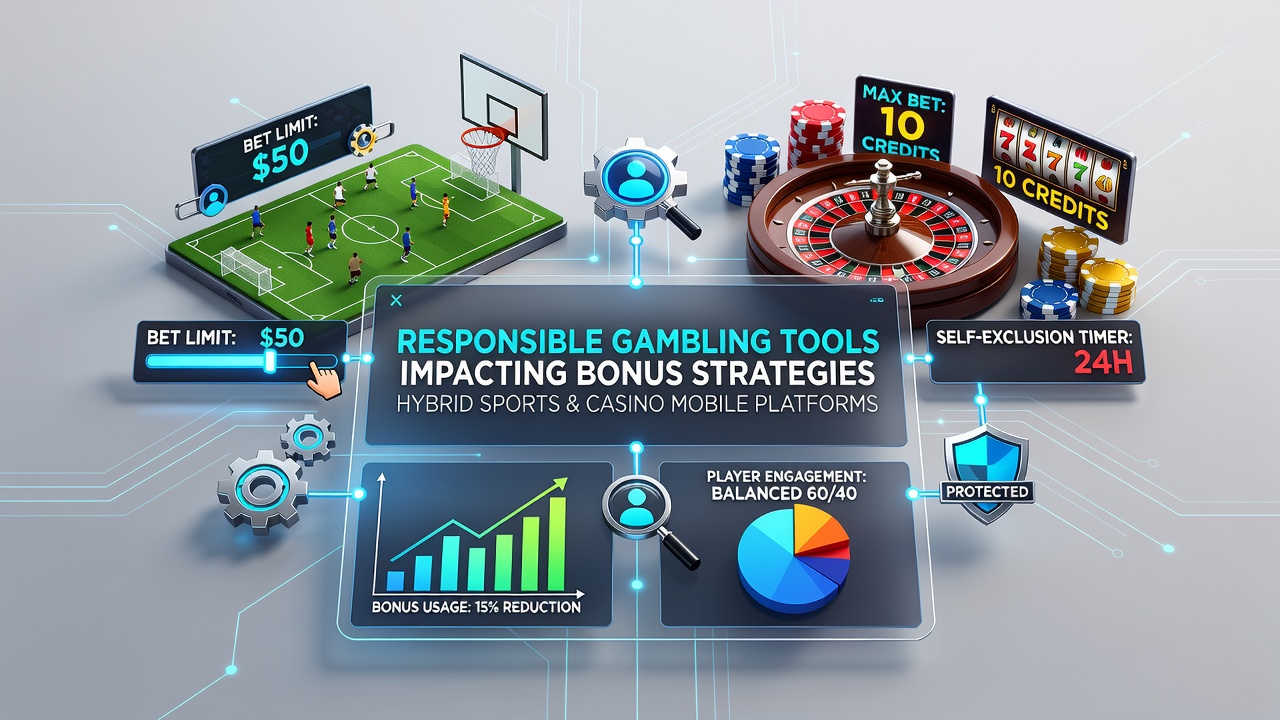 Mobile screen showing responsible gambling settings alongside sports and casino bonus options in a hybrid betting app