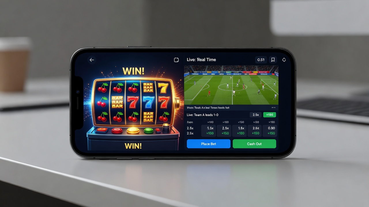Mobile app interface showing casino slots alongside live sports betting odds on a smartphone screen