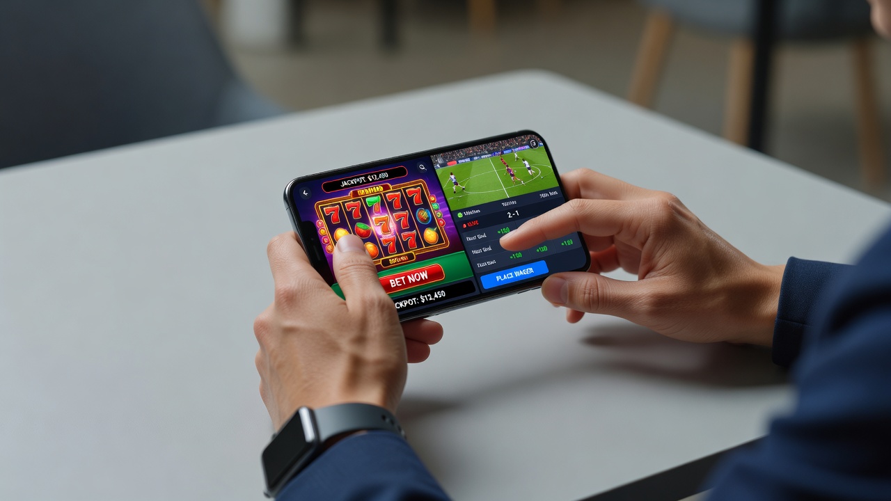 User interacting with combined casino and sports betting features on a mobile device during an evening session