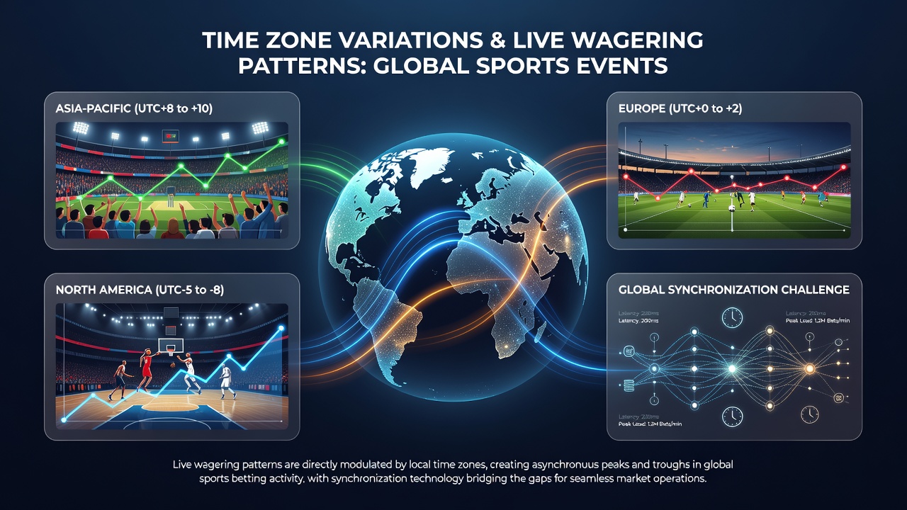 World map with highlighted time zones and betting activity graphs overlaid on major sports venues