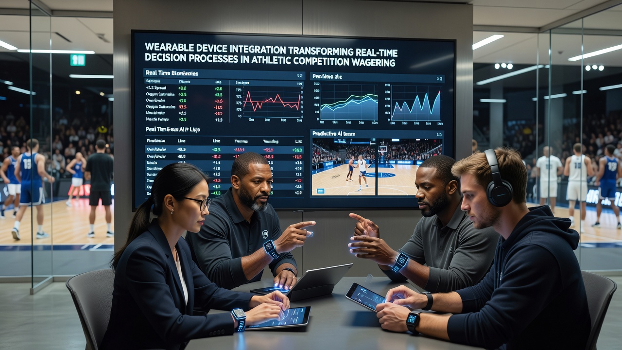 Close-up of wearable device interface displaying real-time athlete metrics synced with a betting application dashboard